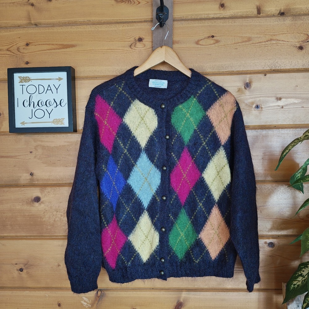 Vintage United Colors Benetton Button Up Argyle Cardigan Sweater Wool Prep Sz L